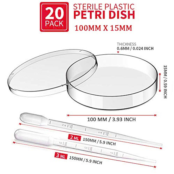 20 Pack Sterile Plastic Petri Dishes with Lid, 100mm Dia x 15mm Deep with 20 Plastic Transfer Pipettes (10Pcs3ml,10Pcs2ml) (100MM)