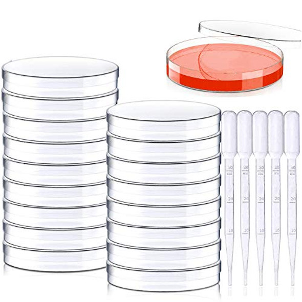 20 Pack Sterile Plastic Petri Dishes with Lid, 100mm Dia x 15mm Deep with 20 Plastic Transfer Pipettes (10Pcs3ml,10Pcs2ml) (100MM)