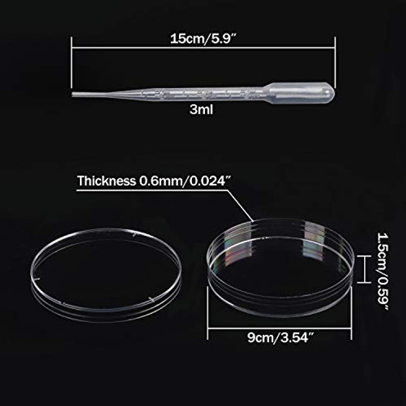 80 PCS Plastic Petri Dish, 90mm Dia  15mm Deep Clear Petri Dish with Lid Sterile Culture,Package Equipped with 200 PCS 3ml Transfer Pipettes