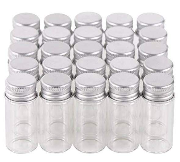 MaxMau 100 10ml Vials Small Mini Tiny Glass Bottles Clear Empty Jars with Aluminum Top Screw Lids Message Sample Bottle Wedding Favors Decorations DIY Jewelry Accessories Liquid Hold Storage