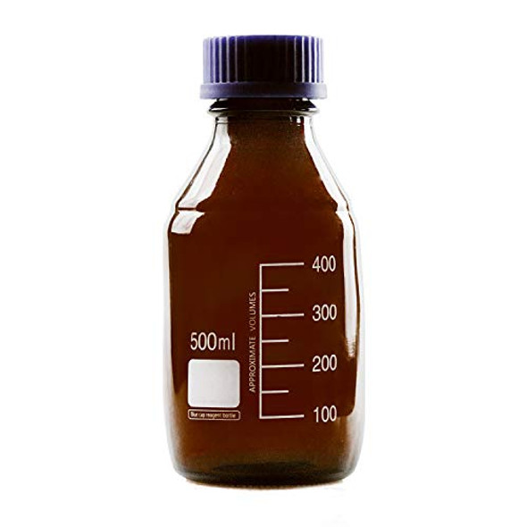 Moonetto 500ml Amber Borosilicate Glass Graduated Round Media/Storage Bottle With GL45 Blue Polypropylene Screw Cap (8 Pack)