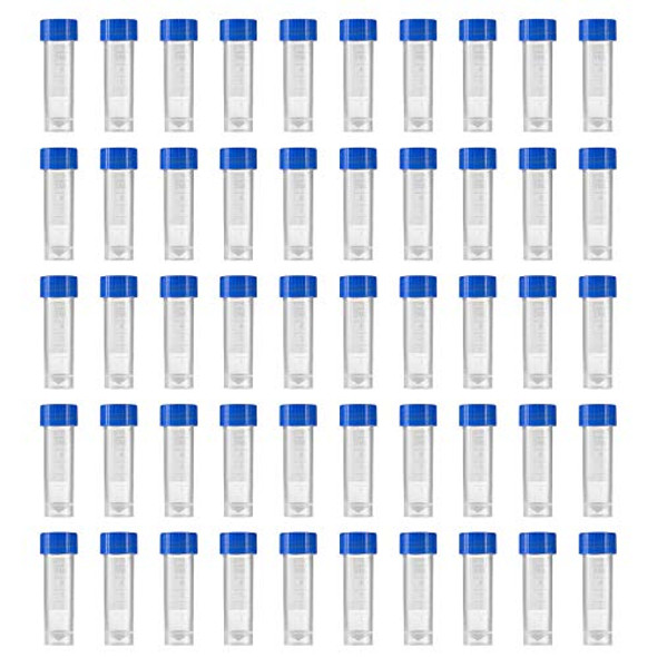 Eowpower 50pcs 5ml Plastic Graduated Vial Storage Container Test Tubes with Screw Caps