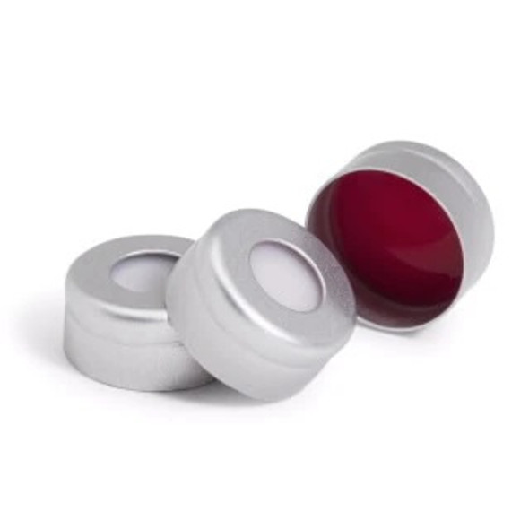 Crimp cap, 11 mm, PTFE/red rubber septa, 5,000/pk. Cap size: 11 mm