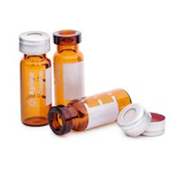 MS analyzed vial kit. Includes 2 mL amber crimp top vials, aluminum crimp caps, PTFE/silicone septa. 100 of each. Vial size: 12 x 32 mm (11 mm cap)