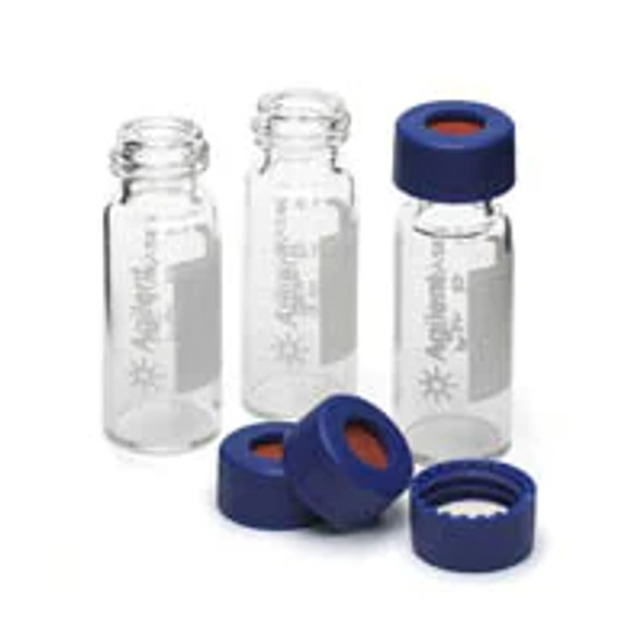 MS analyzed vial kit. Includes 2 mL clear screw top vials with write-on spots, blue caps, PTFE/silicone septa. 100 of each. Vial size: 12 x 32 mm (12 mm cap)