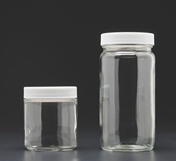 JG Finneran D0098-4 Clear Borosilicate Glass Tall Straight Sided Standard Wide Mouth Jar with White Polypropylene Closure, F217 Lined, 48-400mm Cap Size, 4oz Capacity (Pack of 24)