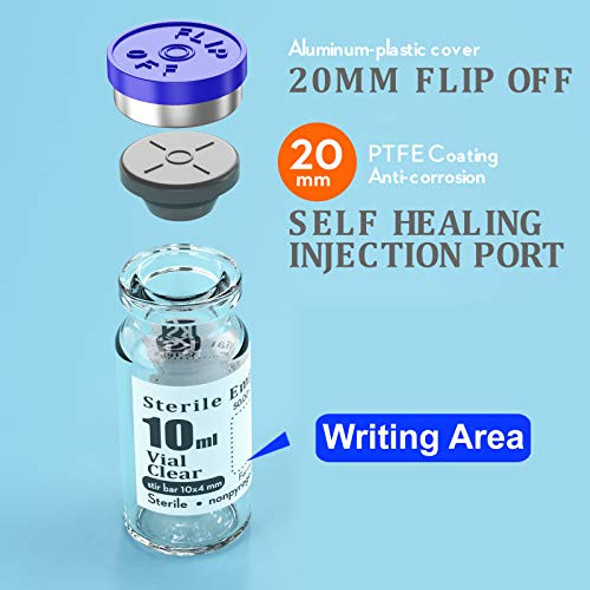 Sterile Empty Vials with Self Healing Injection Port,with Flip Off Aluminum Cap,Sterile Package (10ml,10)