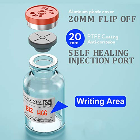 Sterile Empty Vials with Self Healing Injection Port,with Flip Off Aluminum Cap,Sterile Package (20ml,10)