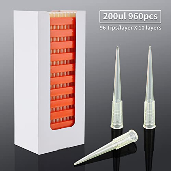Four E's Scientific 200ul Pipettor Tips Universal Pipette Tips Racked Sterile Non-pyrogenic DNAse/RNAse Free Autoclavable 10 Layers, 960 pcs/Box