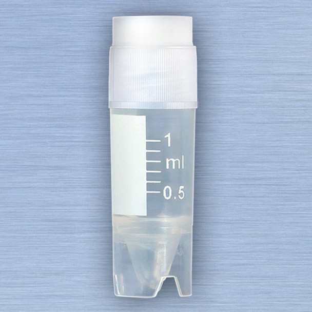 CryoCLEAR vials, 1.0mL, STERILE, External Threads, Attached Screwcap with Co-Molded Thermoplastic Elastomer (TPE) Sealing Layer, Conical Bottom, Self-Standing, Printed Graduations, Writing Space and Barcode, 50/Bag, 10 Bags/Case