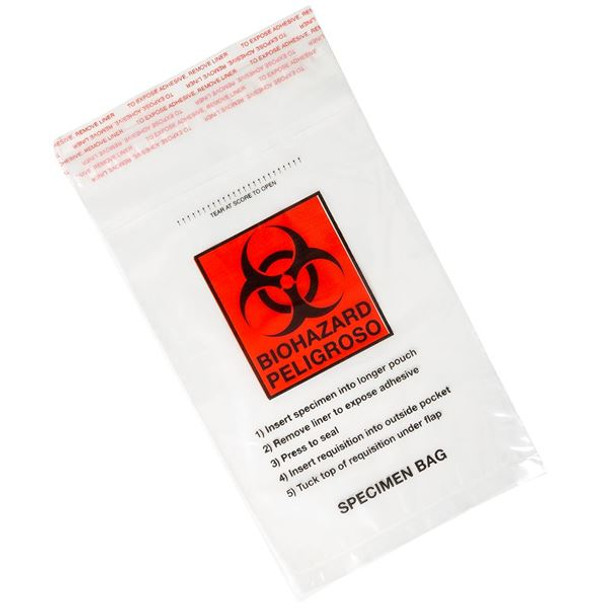 Bag, Biohazard Specimen Transport, 8" x 10", Ziplock with Document Pouch, Tearzone, 100/Pack, 10 Packs/Unit