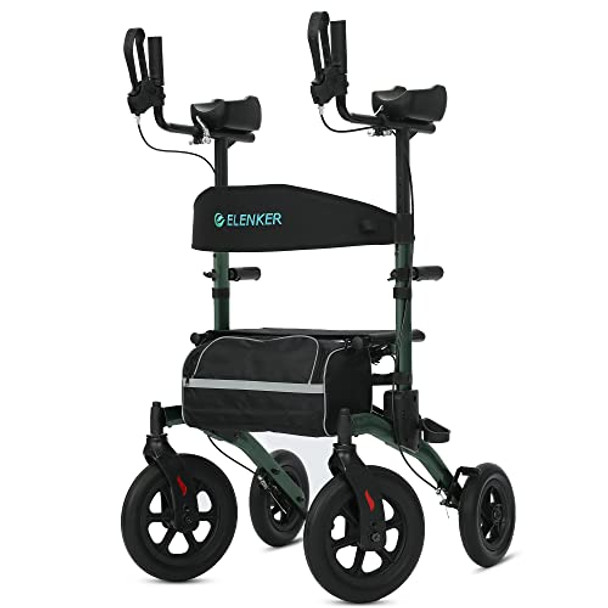 ELENKER All-Terrain Upright Rollator Walker, Stand up Rolling Walker with Seat, 12” Non-Pneumatic Tire Wheels, Compact Folding Design for Seniors, Green