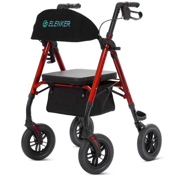 ELENKER All-Terrain Rollator Walker with 10” Non-Pneumatic Wheels, Sponge Padded Seat and Backrest, Fully Adjustment Frame for Seniors, Red