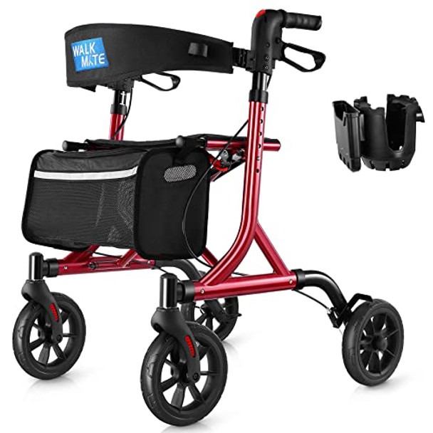 WALK MATE Rollator Walker for Seniors with Cup Holder, Upgraded Thumb Press Button for Height Adjustment, 4 x 8" Wheels Walker with Seat Padded Backrest Folding Lightweight Walking Aid, Red