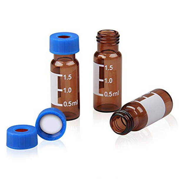 Autosampler Vial, 2ml HPLC Vial with Caps, 9-425 Amber Vial with Blue Screw Caps,Writing Patch,Graduation,White PTFE & Red Silicone Septa Fit for LC Sampler(100pcs,Brown)