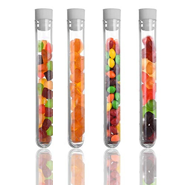 Lainrrew 50 Pcs Plastic Test Tubes, 6ml Clear Mini Test Tube Holder with Caps & 2 Funnels for Scientific Experiments Candy Beads Sample Storage Party (100 x 16mm)