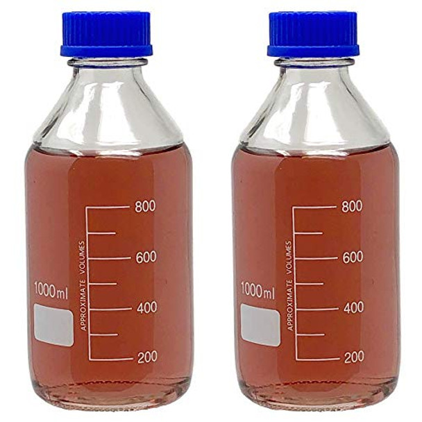 1000ml Glass Round Media Storage Bottles with GL45 Screw Cap, Borosilicate Glass, Heavy Duty, Karter Scirentific (Pack of 2)