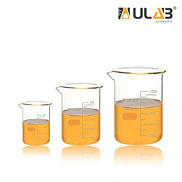 ULAB Scientific Glass Beaker Set, 3 Size of Vol. 250ml 500ml 1000ml, 3.3 Borosilicate Griffin Low Form with Printed Graduation, UBG1027