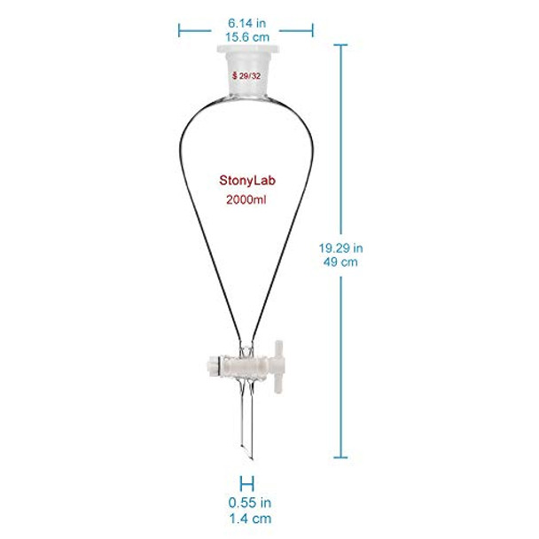 StonyLab Borosilicate Glass 2000ml Heavy Wall Conical Separatory Funnel with 29/32 Joints and PTFE Stopcock - 2L (2 Liter)