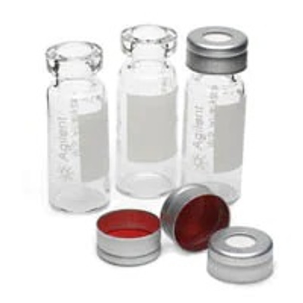 MS analyzed vial kit. Includes 2 mL clear crimp top vials with write-on spot