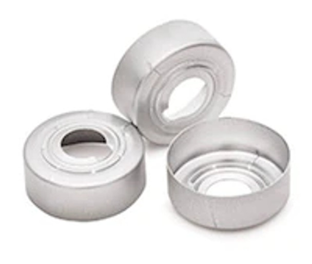 Cap, crimp, headspace, 20 mm, silver aluminum cap with safety feature, no septa, 100/pk. Cap size: 20 mm