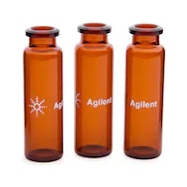 Vial, crimp top, headspace, amber, flat bottom, certified, 20 mL, 23 x 75 mm, 100/pk. Vial size: 22.75 x 75 mm (20 mm cap)