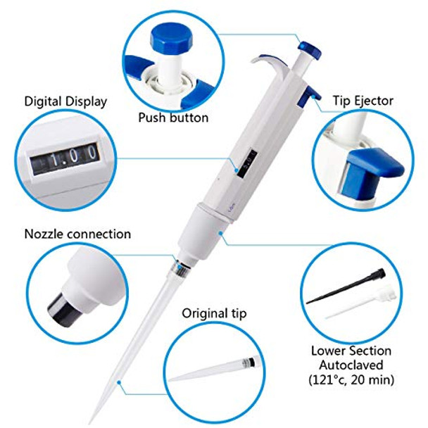 FOUR E'S SCIENTIFIC Single-Channel Pipettors 20-200uL Adjustable Volume Pipette with 200uL Tips 20pcs