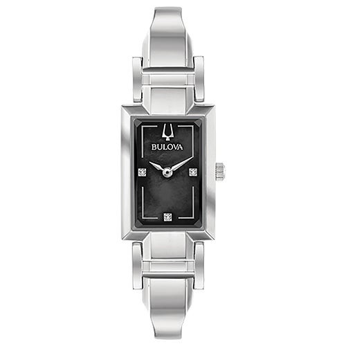 Ladies Classic Silver-Tone Tank Watch Black Mother-of-Pearl Dial