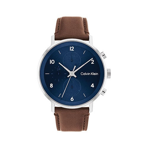 Mens Modern Multi-Function Brown Leather Strap Watch Blue Dial