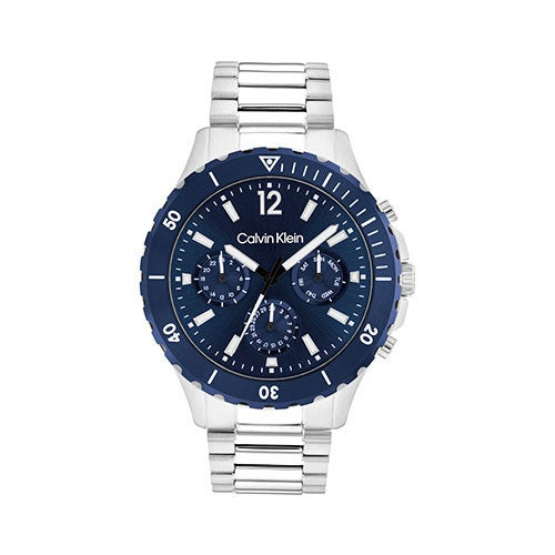 Mens Sport Silver-Tone Multi-Function Stainless Steel Watch Blue Dial