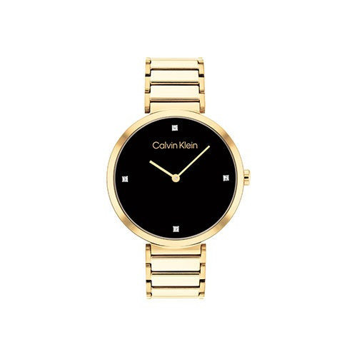 Ladies Minimalist T-Bar Gold-Tone Stainless Steel Watch Black Dial