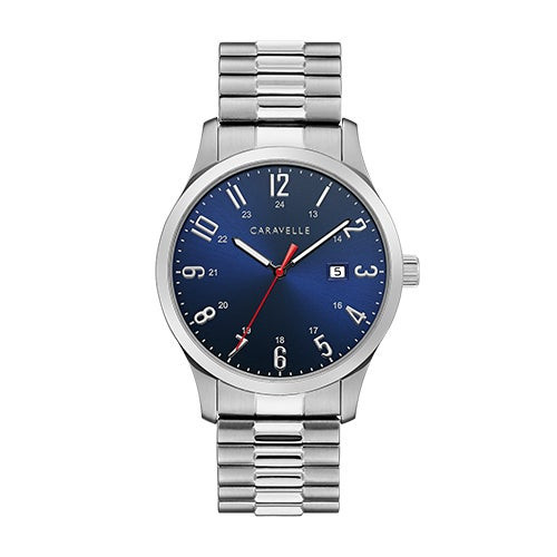 Mens Silver-Tone Stainless Steel Expansion Watch Dark Blue Dial