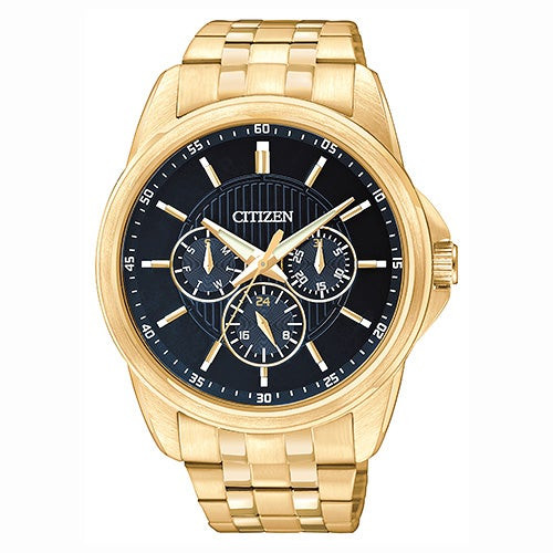 Mens Gold-Tone Stainless Steel Chronograph Watch Black Dial