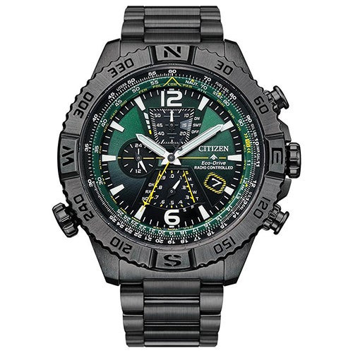 Mens Promaster Navihawk A-T Eco-Drive Gray IP Watch Green Dial