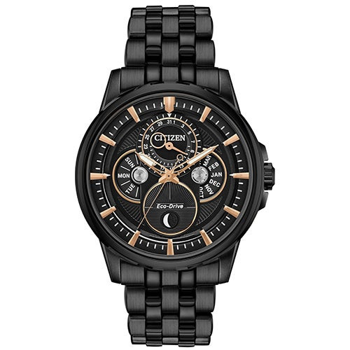 Mens Calendrier Moonphase Eco-Drive Black Ion-Plated Watch Black Dial