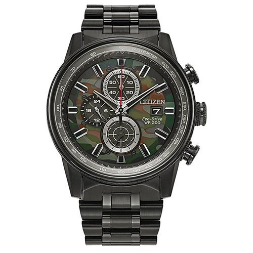 Mens Nighthawk Eco-Drive Black Ion-Plated Chronograph Watch Camouflage Dial
