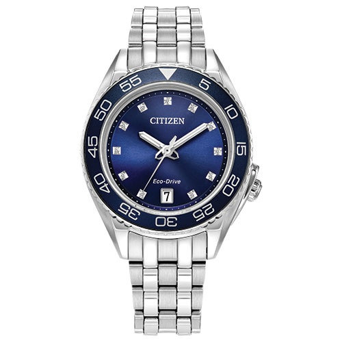 Ladies' Carson Silver-Tone Stainless Steel Diamond Watch, Blue Dial