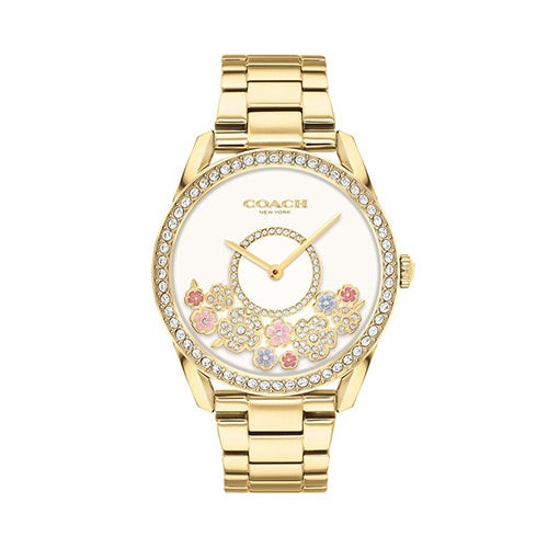 Ladies Preston Gold-Tone Crystal SS Watch White & Tea Rose Motif Dial