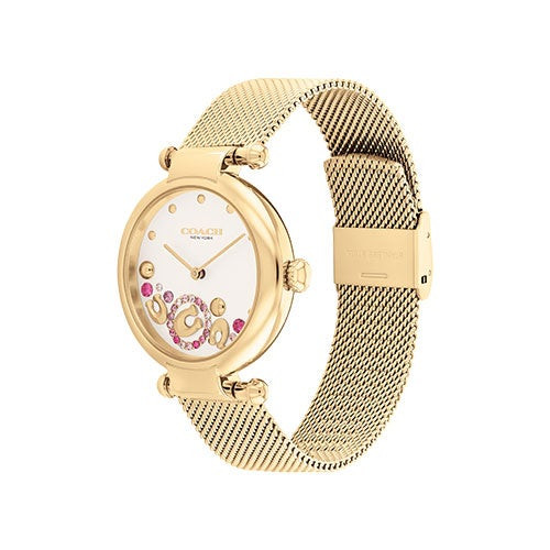 Ladies Cary Gold-Tone Stainless Steel Mesh Watch Pink Crystal Accent Dial