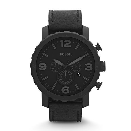 Mens Nate Black Leather Strap Watch Black Dial