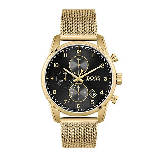 Mens Skymaster Gold-Tone Stainless Steel Mesh Watch Black Dial