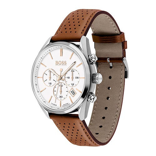Mens Champion Chronograph Brown Leather Strap White Dial