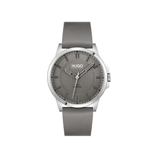 Mens First Silver & Gray Leather Strap Watch Gray Dial