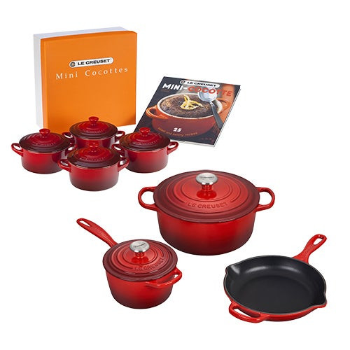 5pc Cast Iron Cookware w/ 4pk 8oz Mini Cocottes Cerise