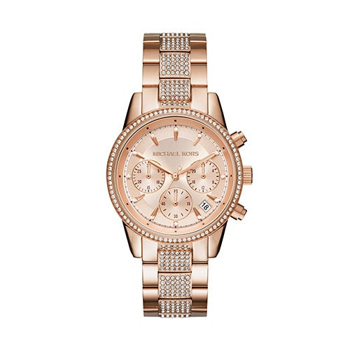 Ladies Ritz Pave Rose Gold-Tone Chronograph Stainless Steel Watch Rose Gold Dial