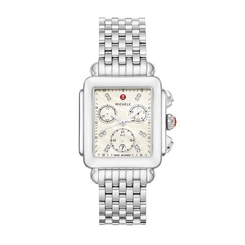 Ladies Deco Silver-Tone Stainless Diamond Watch Mother-of-Pearl Dial