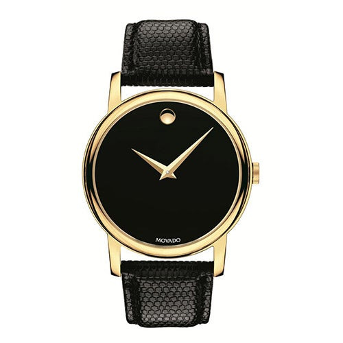 Mens Museum Classic Gold & Black Textured Leather Strap Watch Black Dial