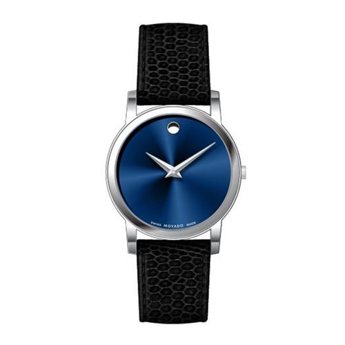 Mens Museum Classic Silver & Black Textured Leather Strap Watch Blue Dial