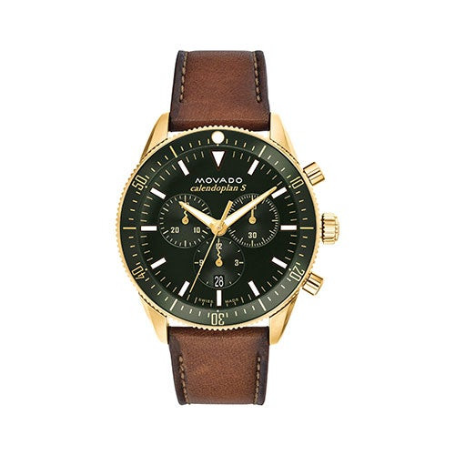 Mens Heritage Calendoplan S Chronograph Brown Strap Watch Green Dial