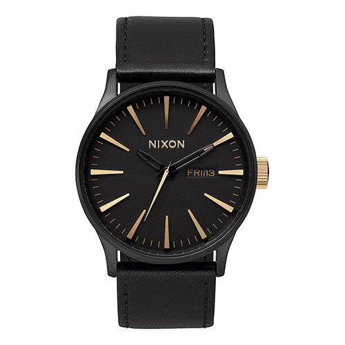 Mens Sentry Leather Gold & Matte Black Watch Black Dial